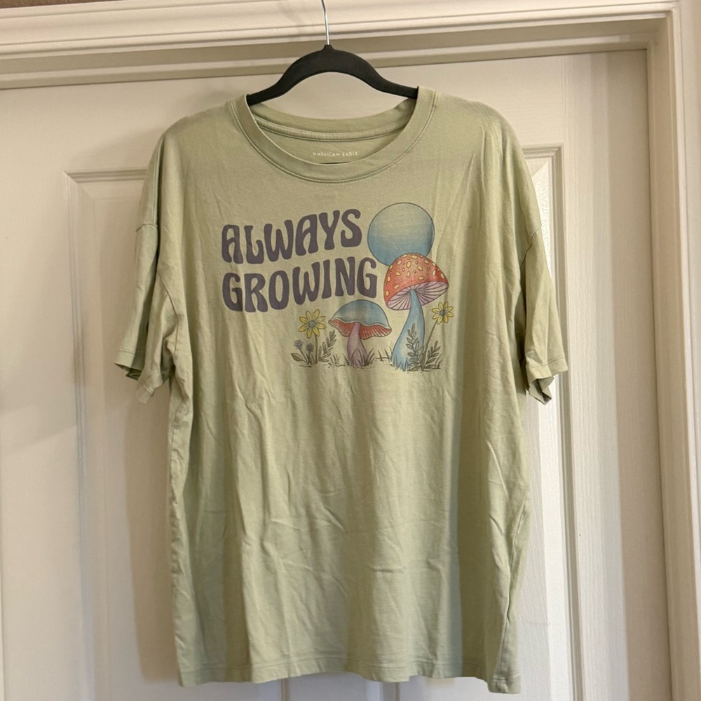 Sage Green Always Growing Graphic T-Shirt with Mushroom Design